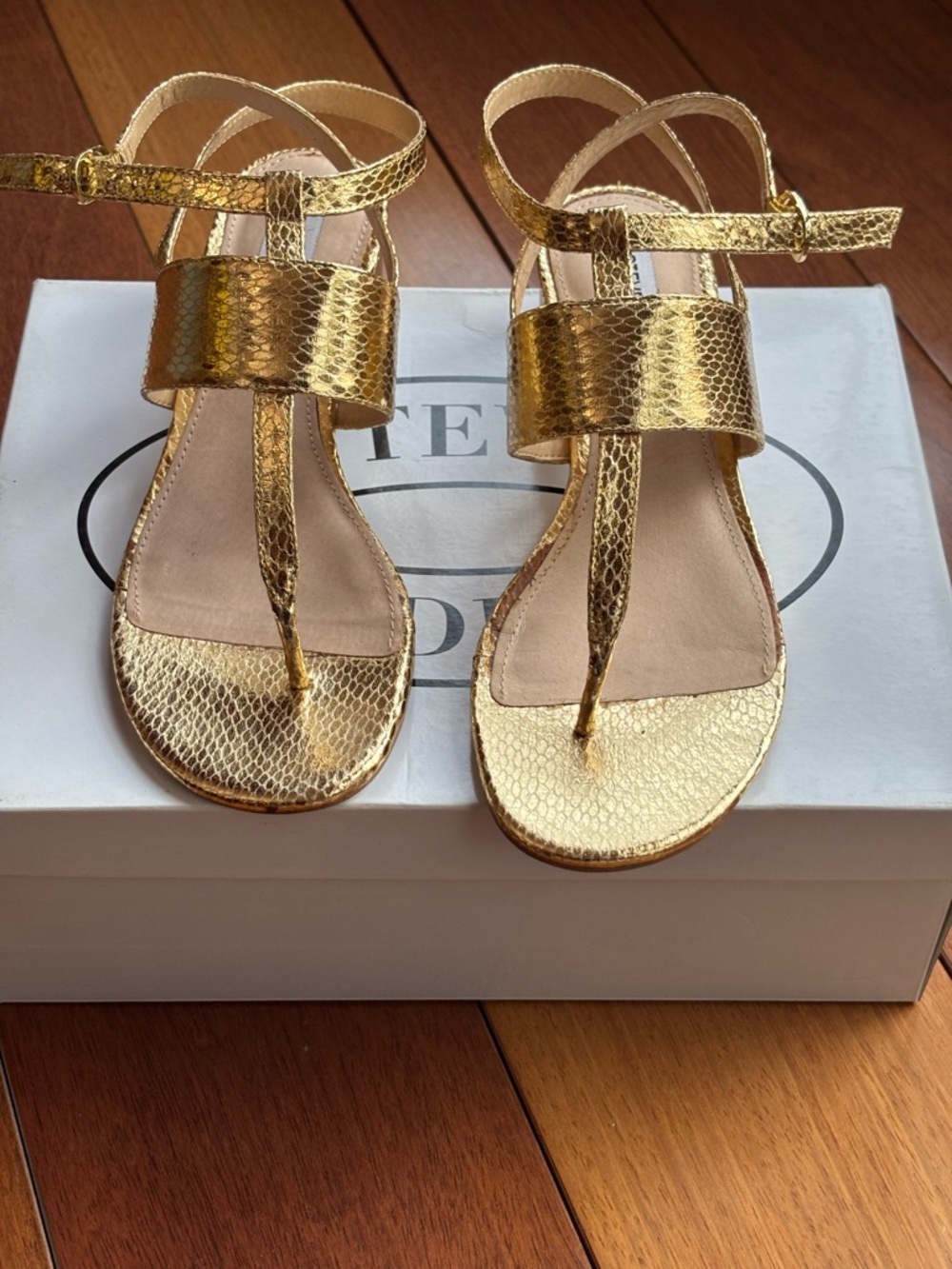 Steve Madden Gold Metallic Snake-Embossed T-Strap Sandals